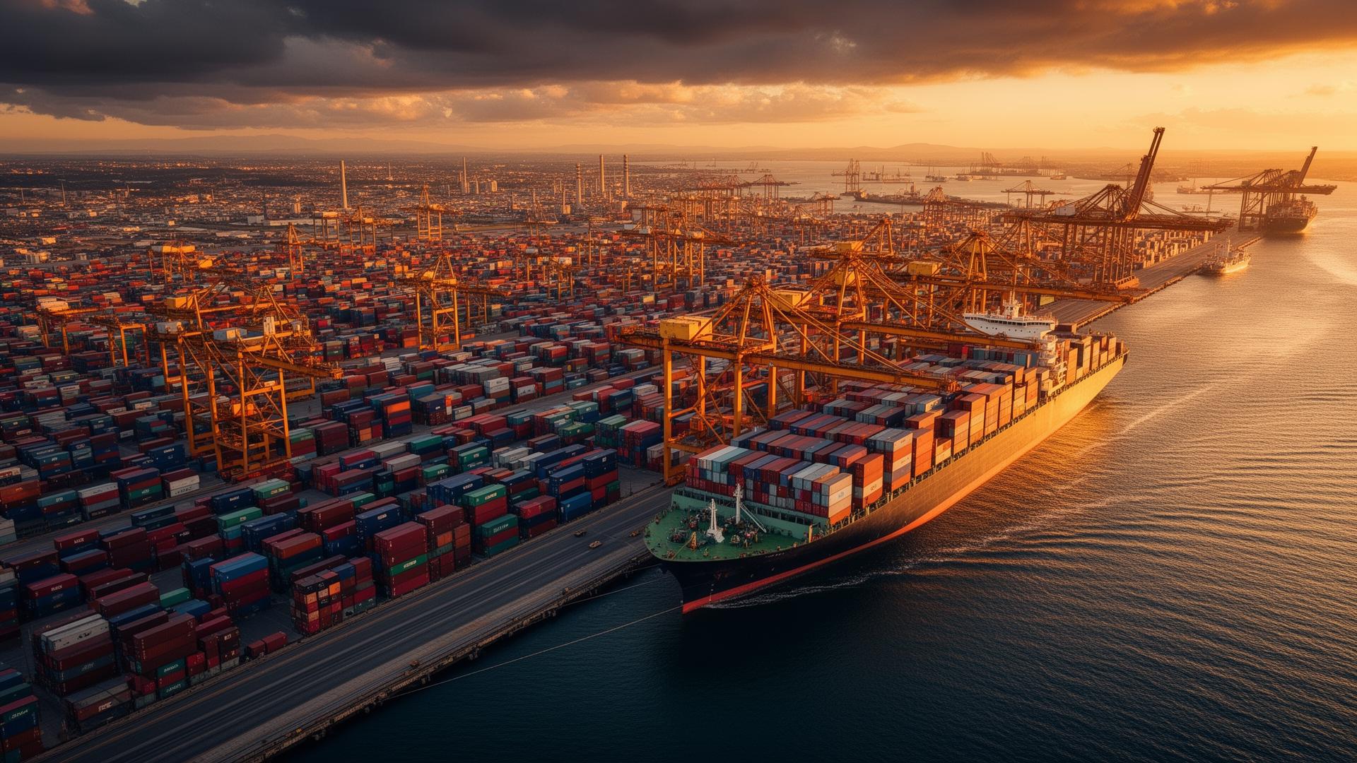 Container port at golden hour with cargo ships