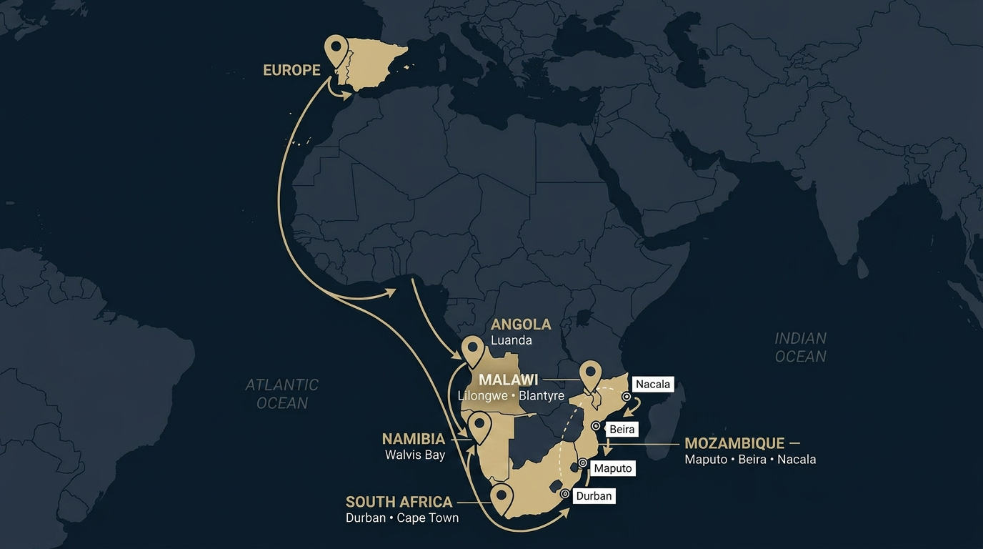 Trade routes map between Europe and Africa
